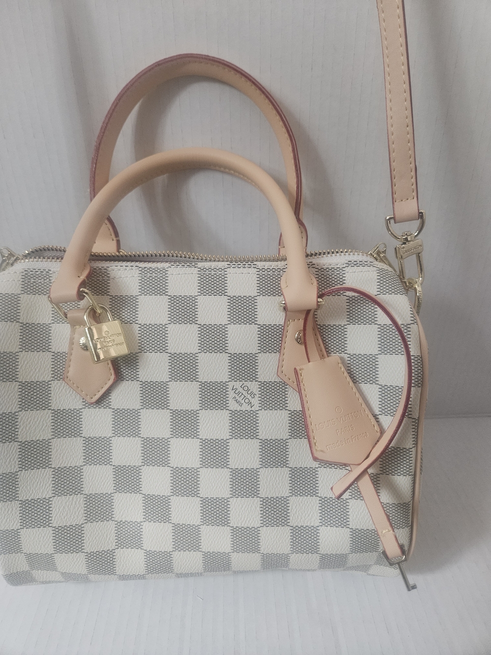 Cream Checkered Women's Satchel Bag with Leather Trim Speedy 25 - Picture 2 of 11